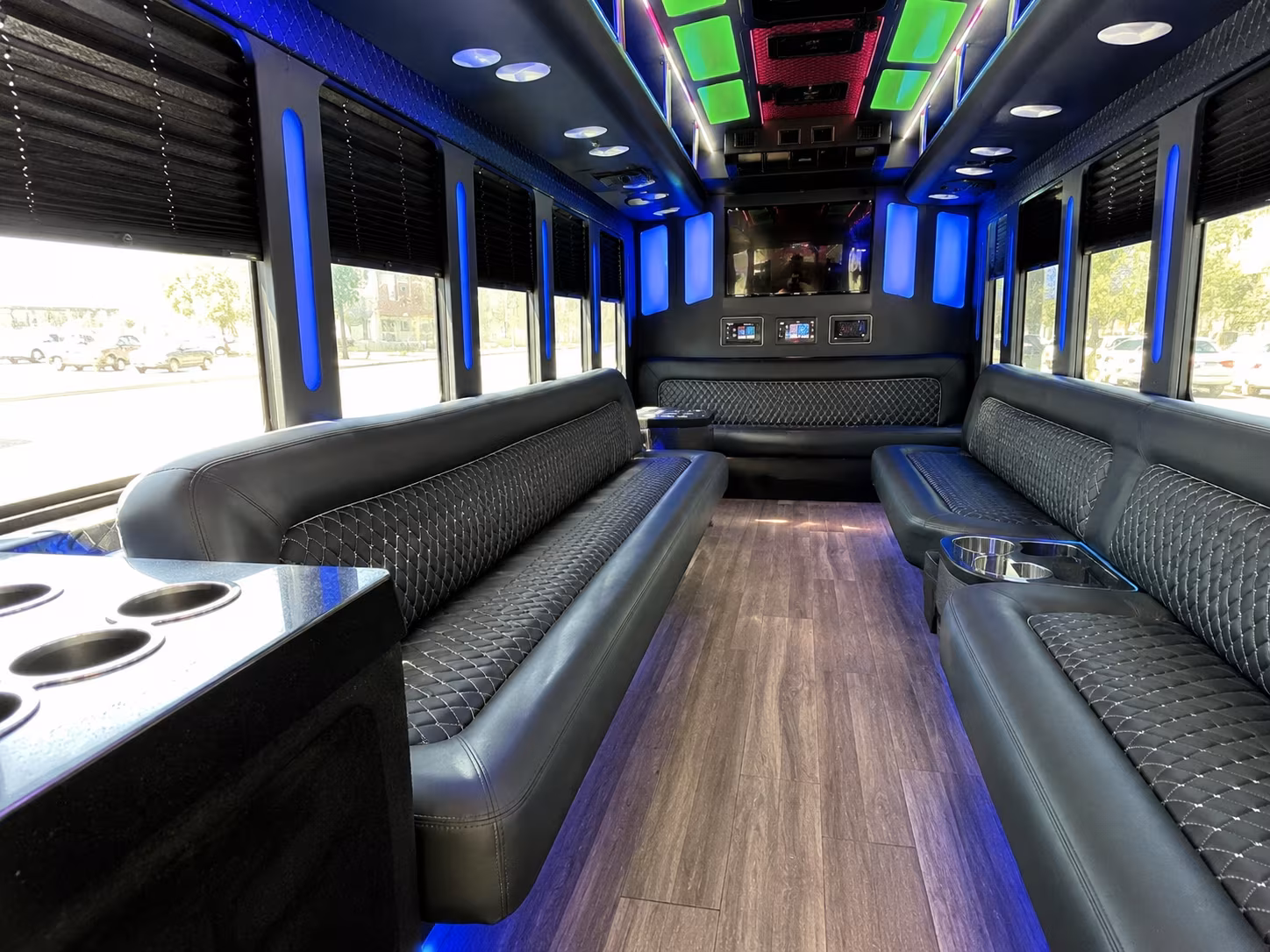 queens 15 passenger party bus inside