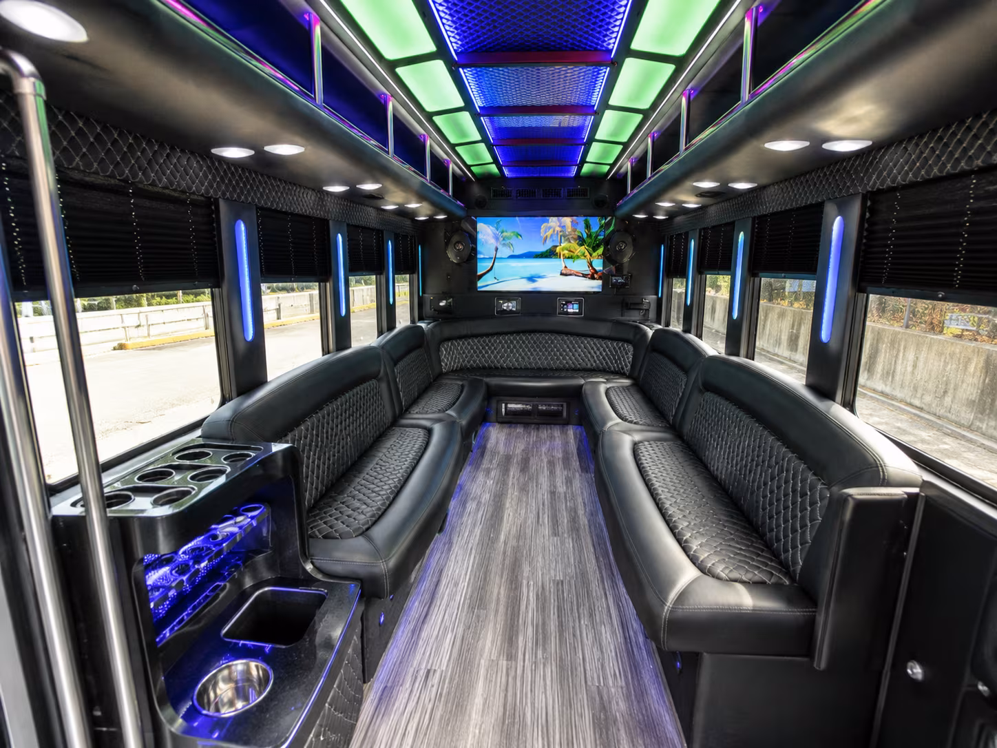 queens 18 passenger party bus inside
