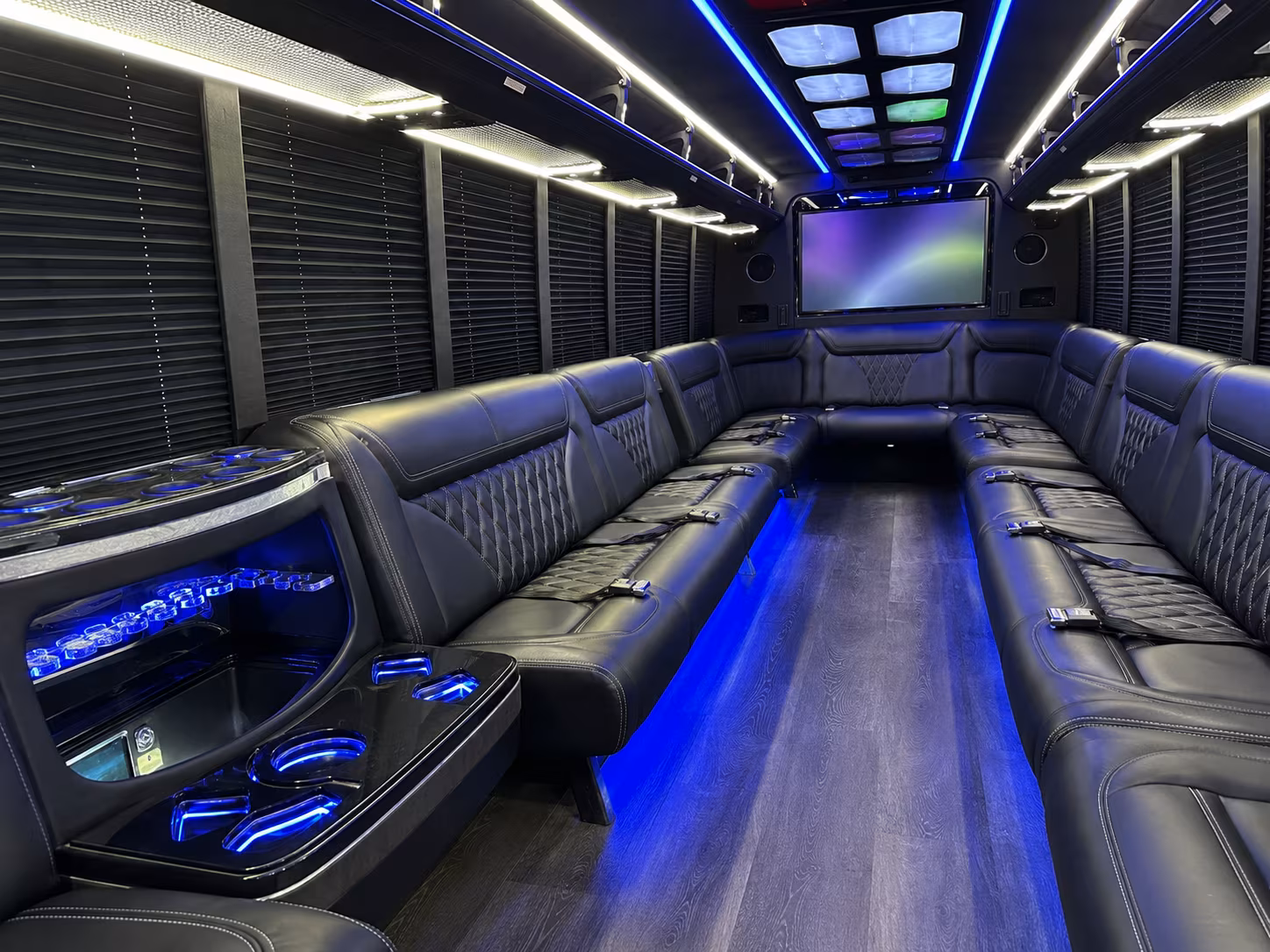 queens 20 passenger party bus inside